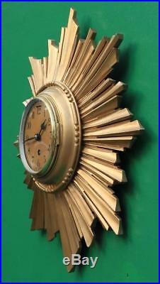 English Art-deco 8 Day Gold Gilt Sunburst Wall Clock