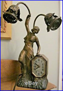 Estate c1900 Antique Art Nouveau Bronze Metal Lady Nymph Lamp Clock OLD Art Deco