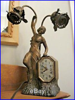 Estate c1900 Antique Art Nouveau Bronze Metal Lady Nymph Lamp Clock OLD Art Deco
