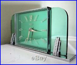 Exquisite Art Deco Smiths Electric Desk/Mantle Clock Green Glass & Chrome