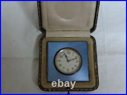 Fine Art Deco Sterling Silver Blue Guilloche Enamel Travel 8 Days Clock WithBox