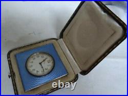 Fine Art Deco Sterling Silver Blue Guilloche Enamel Travel 8 Days Clock WithBox