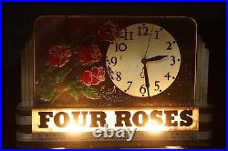 Four Roses Bourbon Clock Lighted Vintage 1930s Art Deco Whiskey Advertising Sign