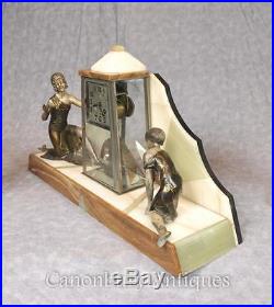 French Antique Art Deco Mantle Clock Set Spelter Figurine 1920s Marble Urns