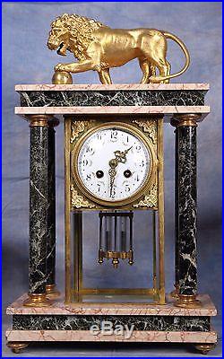 French Art Deco Bronze Dore Ormolu Lion Marble Crystal Regulator Clock Garniture