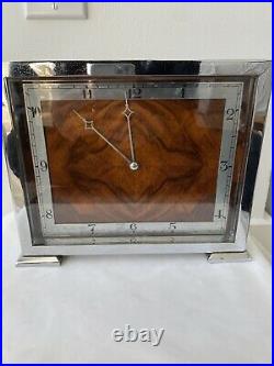 French Art Deco Chrome With Wood Inlay Face Table Clock