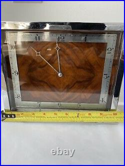 French Art Deco Chrome With Wood Inlay Face Table Clock