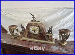 French Art Deco Clock Marble Bronze Stunning garnitures pendule cassolettes