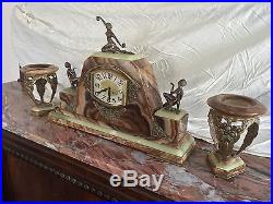French Art Deco Clock Marble Bronze Stunning garnitures pendule cassolettes
