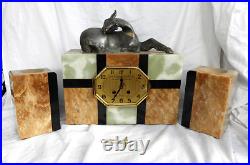 French Art Deco Clock Marble & Onyx Clock, Deer, Garniture Set c 1920s