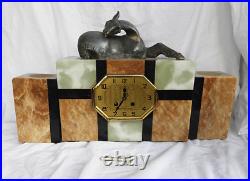French Art Deco Clock Marble & Onyx Clock, Deer, Garniture Set c 1920s