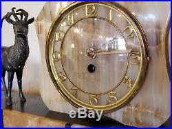 French Art Deco Elk Stag c1930's Onyx Marble Mantle Clock withGarnitures bronze