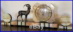 French Art Deco Elk Stag c1930's Onyx Marble Mantle Clock withGarnitures bronze
