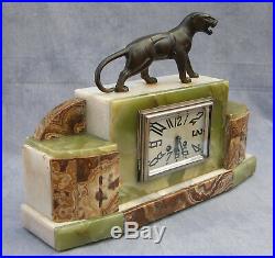 French Art Deco Mantel Clock Garniture, Panther Figurine, Serviced, Warranty