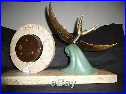 French Art Deco Marble And Spelter Clock With Swallow Signed Tedd