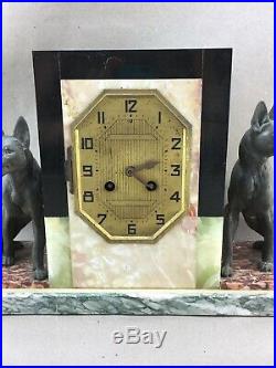 French Art Deco Marble Mantle Clock with German Shepherd Dogs