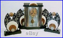 French Art Deco Marble Onyx Geometric Clock Three Piece Garniture Set