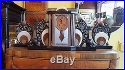 French Art Deco Marble Onyx Geometric Clock Three Piece Garniture Set