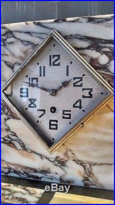 French Art Deco Moderne Marble Mantle Clock and Garnitures circa 1930s