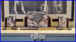 French Art Deco Moderne Marble Mantle Clock and Garnitures circa 1930s