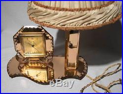 French Art Deco Peach Mirror Clock Lamp Tray Set, Ex Con Bedroom Boudoir Wow