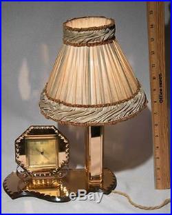 French Art Deco Peach Mirror Clock Lamp Tray Set, Ex Con Bedroom Boudoir Wow