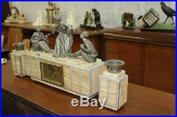 French Art Deco Set Of 3 Piece Clock Garniture Marble with Woman Bowing Down