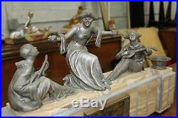 French Art Deco Set Of 3 Piece Clock Garniture Marble with Woman Bowing Down