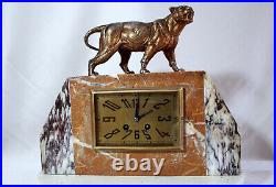 French Heavy marble Art Deco table clock Panther 1920