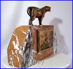 French Heavy marble Art Deco table clock Panther 1920