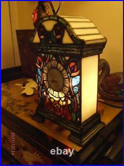 Fully Working Stained Glass Tiffany Style Lge Mantel Clock Lamp Peacocks & Roses