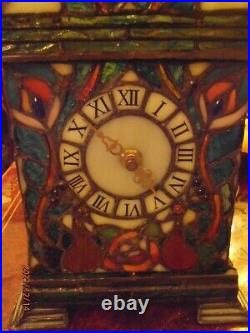 Fully Working Stained Glass Tiffany Style Lge Mantel Clock Lamp Peacocks & Roses