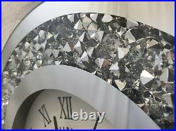Gatsby Modern Diamante Crush Crystal Mirror Glass Round Wall Clock 35cm Silver