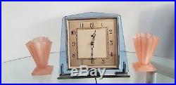 Genuine Art Deco Blue Glass & Chrome Smiths Electric Mantel Clock 1930s Working