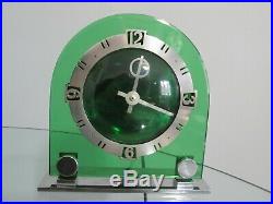 Genuine Art Deco Green Glass & Chrome Temco Electric Mantel Clock 1930s Working