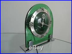 Genuine Art Deco Green Glass & Chrome Temco Electric Mantel Clock 1930s Working