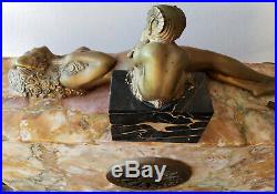 Georges Lavroff French Art Deco Clock Bronze Sculpture & Marble Voluptuous Nude