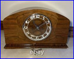 German Art Deco Mid Century Modern Burl Walnut Mantel Table Shelf Clock Bim Bam