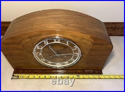 German Art Deco Mid Century Modern Burl Walnut Mantel Table Shelf Clock Bim Bam