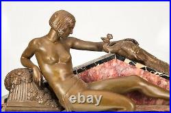 Gorgeous Art Deco Marble Mantle Clock with Reclining Woman and Peacock