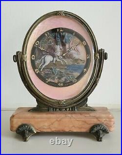 Guilloche and Painted Enamel Dial Sandoz Cheval Swivel 8 Day Clock Pink Marble