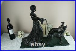 Huge XL Bronze 1930 Art deco lady statue dogs leash on marble base