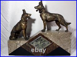 Hughe marble Art Deco table clock 2 German Sheperds 1920