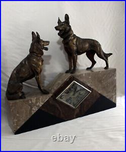 Hughe marble Art Deco table clock 2 German Sheperds 1920