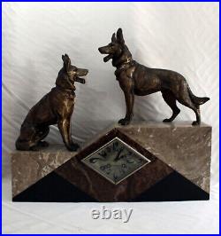 Hughe marble Art Deco table clock 2 German Sheperds 1920