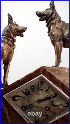 Hughe marble Art Deco table clock 2 German Sheperds 1920