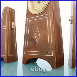JUNGHANS ANTIQUE Mantel Clock ART DECO! SET Sidepieces! Baby Mini INLAY! Germany