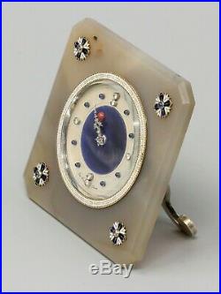 LACLOCHE Art Deco Diamond Sapphire Agate Coral Silver and Enamel Desk Clock