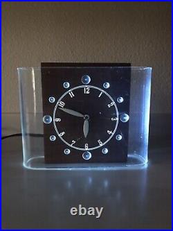 Lackner Curvaline Neon Glo Blue Clock in Lucite and Mahogany 1940's L@@K! RARE