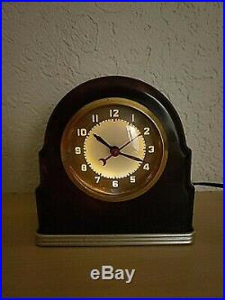 Lackner Neon Glo Art Deco DULCY Marbled Brown Catalin Glass Brass Bakelite Clock